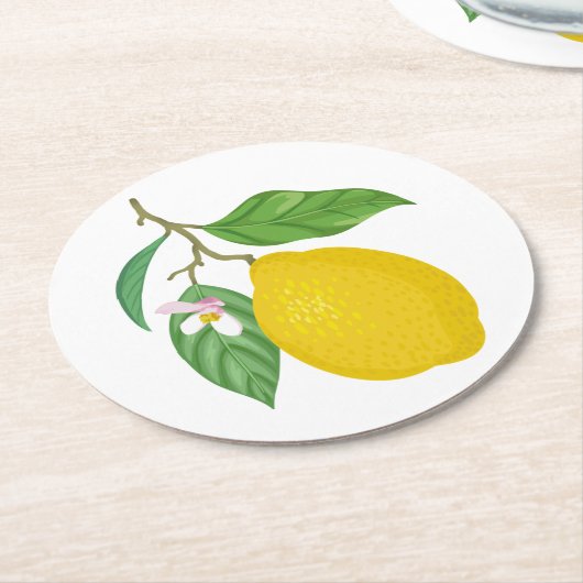 Gelbe Zitrone mit grünen Blätter und weißer Blume Runder Pappuntersetzer (Angewinkelt)
