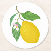 Gelbe Zitrone mit grünen Blätter und weißer Blume Runder Pappuntersetzer (Vorderseite)