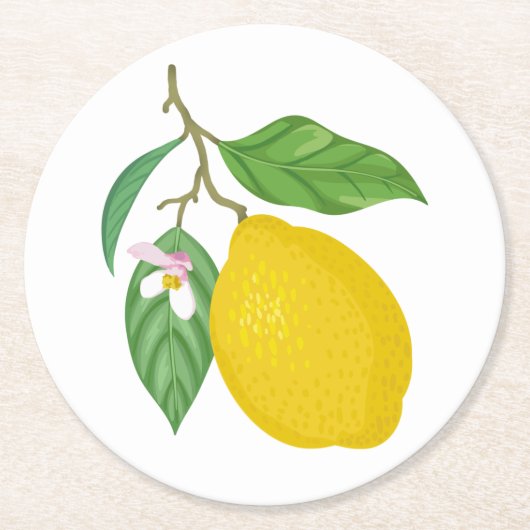 Gelbe Zitrone mit grünen Blätter und weißer Blume Runder Pappuntersetzer (Vorderseite)