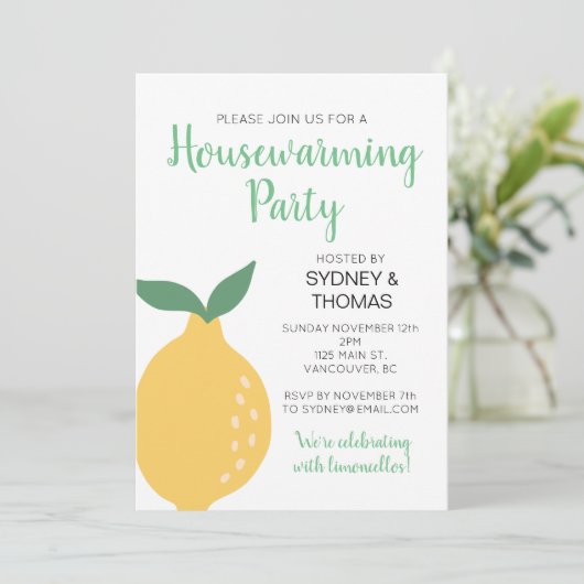 Gelbe Zitrone und Blätter Erwärmung Party Einladung (Stehend Vorderseite)