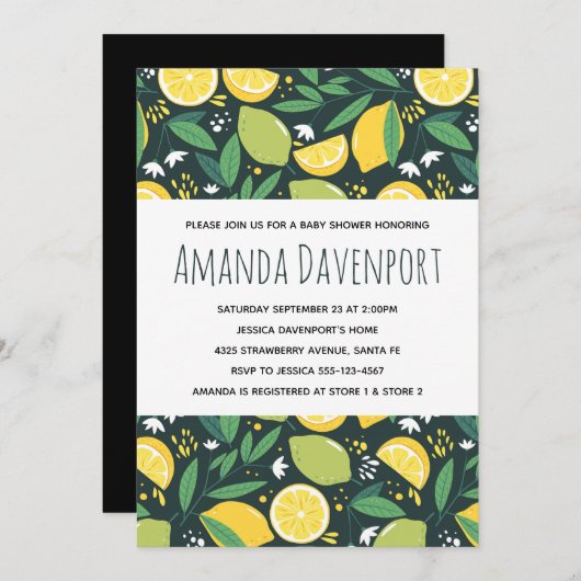 Gelbe Zitrone und Limone Fruchtmuster Babydusche Einladung (Vorne/Hinten)