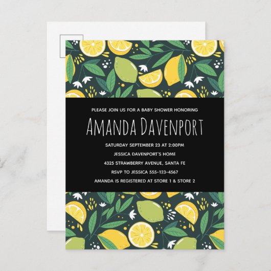 Gelbe Zitrone und Limone Fruchtmuster Babydusche Einladungspostkarte (Vorne/Hinten)