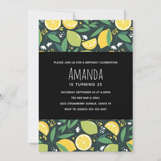 Gelbe Zitrone und Limones Fruchtmuster Grün Geburt Einladung (Vorderseite)