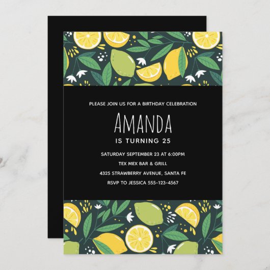 Gelbe Zitrone und Limones Fruchtmuster Grün Geburt Einladung (Vorne/Hinten)