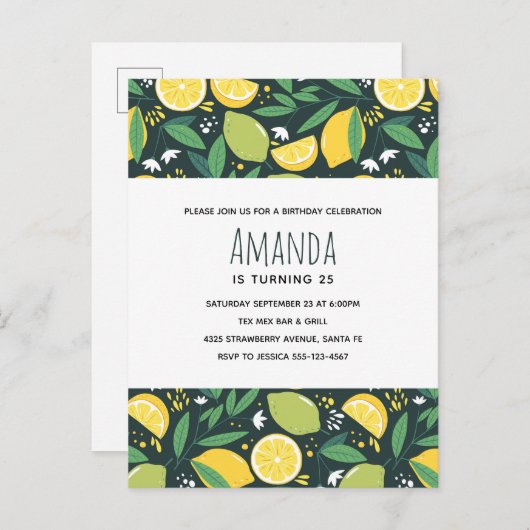 Gelbe Zitrone und Limones Fruchtmuster Grün Geburt Einladungspostkarte (Vorne/Hinten)