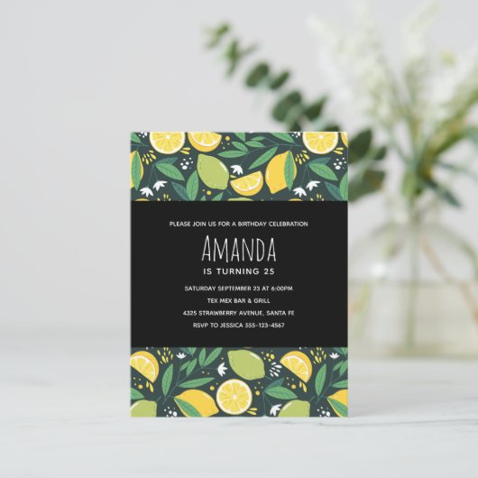 Gelbe Zitrone und Limones Fruchtmuster Grün Geburt Einladungspostkarte (Stehend Vorderseite)