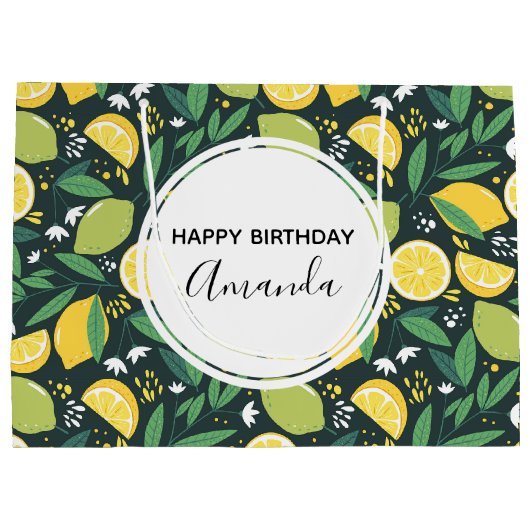 Gelbe Zitrone und Limones Fruchtmuster Grün Geburt Große Geschenktüte (Rückseite)