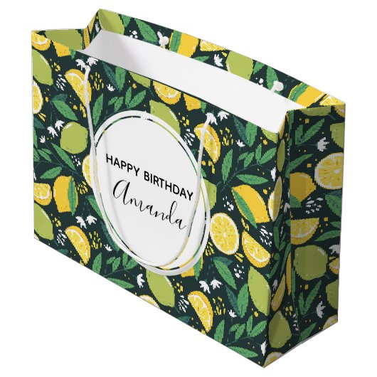 Gelbe Zitrone und Limones Fruchtmuster Grün Geburt Große Geschenktüte (Rückseite Schrägansicht)