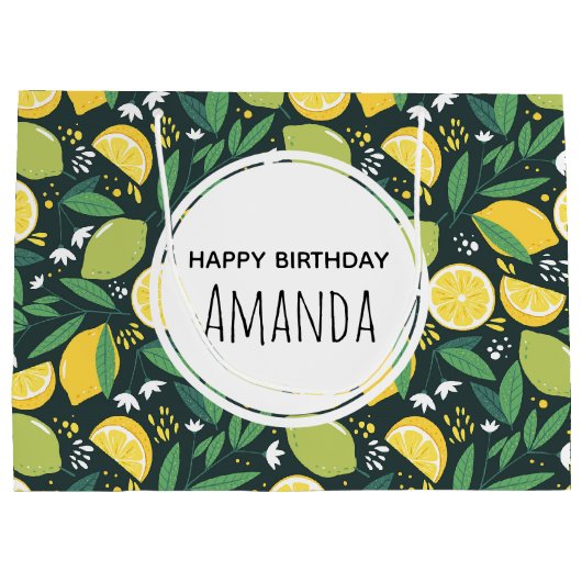 Gelbe Zitrone und Limones Fruchtmuster Grün Geburt Große Geschenktüte (Rückseite)