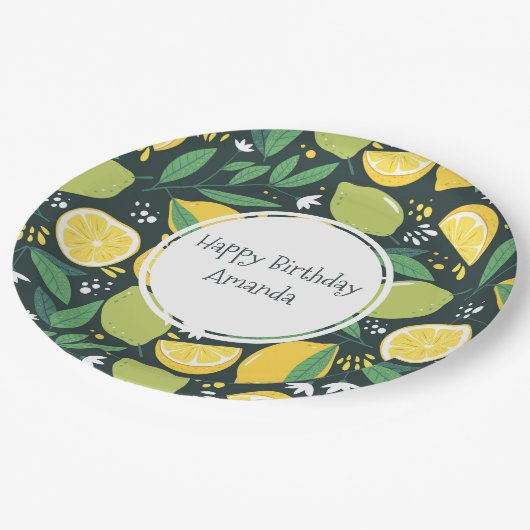 Gelbe Zitrone und Limones Fruchtmuster Grün Geburt Pappteller (Schrägansicht)