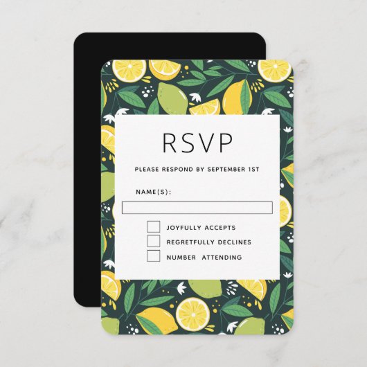 Gelbe Zitrone und Limones Fruchtmuster RSVP Karte (Vorne/Hinten)