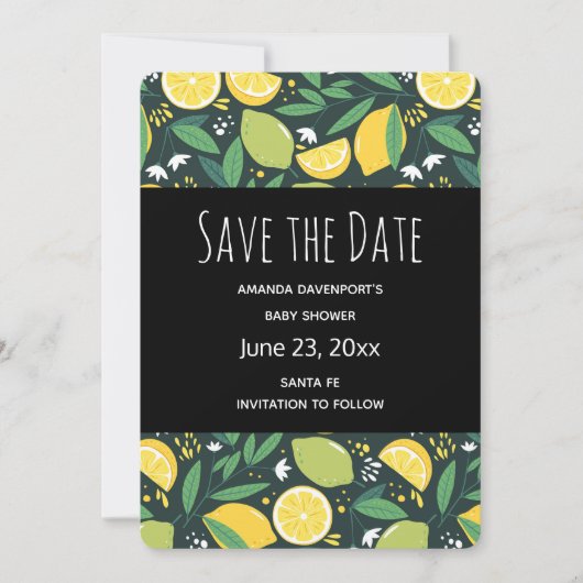 Gelbe Zitrone und Limones Fruchtmuster Save The Date (Vorderseite)