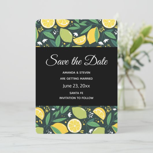 Gelbe Zitrone und Limones Fruchtmuster Save The Date (Stehend Vorderseite)