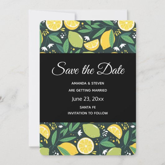 Gelbe Zitrone und Limones Fruchtmuster Save The Date (Vorderseite)