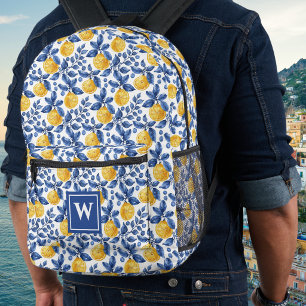 Gelbe Zitronen Blaue Mittelmeer- Amalfi-Initiale Bedruckter Rucksack