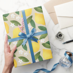 Gelbe Zitronen, grüne Blätter und weiße Blume Geschenkpapier