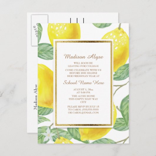 Gelbe Zitronen Grüne Blätter Weißes Trunk Party Einladungspostkarte (Vorne/Hinten)