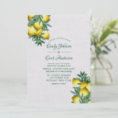 Gelbe Zitronen Grüne Weinkeller Hochzeit in Locarn Einladung (Stehend Vorderseite)