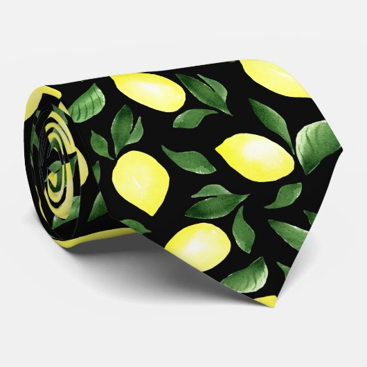 Gelbe Zitronen in Wasserfarbe mit schwarzen Blätte Krawatte (Gerollt)