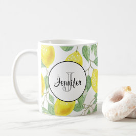 Gelbe Zitronen mit grünen Blätter Muster Monogramm Kaffeetasse