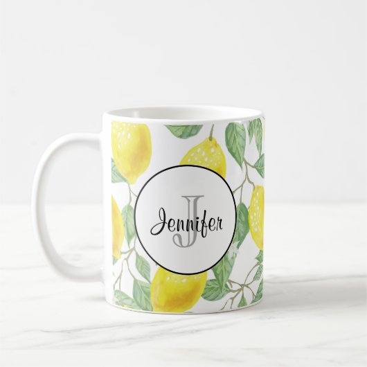 Gelbe Zitronen mit grünen Blätter Muster Monogramm Kaffeetasse (Links)