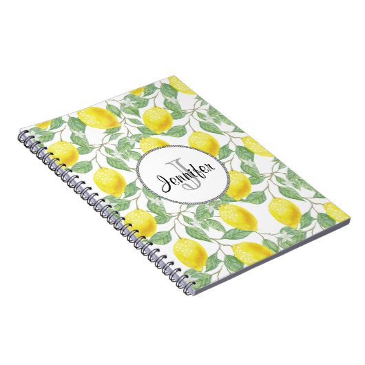 Gelbe Zitronen mit grünen Blätter Muster Monogramm Notizblock (Rechte Seite)