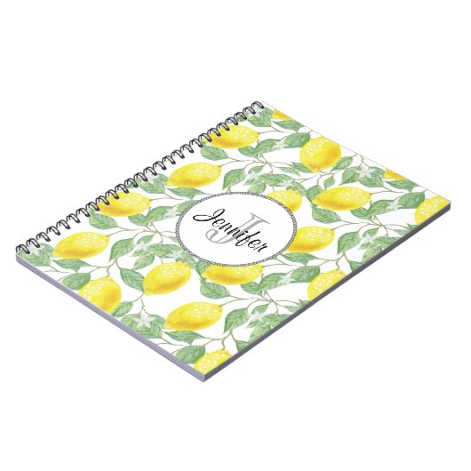 Gelbe Zitronen mit grünen Blätter Muster Monogramm Notizblock (Linke Seite)