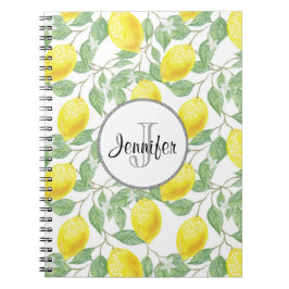 Gelbe Zitronen mit grünen Blätter Muster Monogramm Notizblock