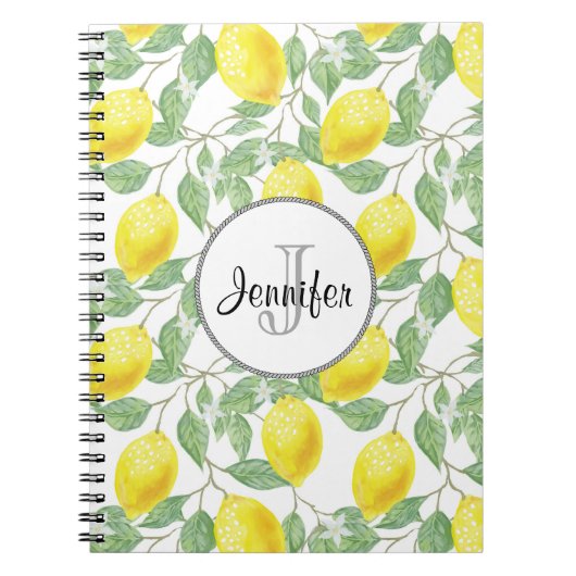 Gelbe Zitronen mit grünen Blätter Muster Monogramm Notizblock (Vorderseite)