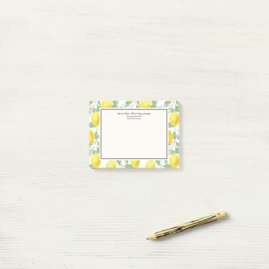 Gelbe Zitronen mit grünen Blätter Muster Post-it Klebezettel (Auf Schreibtisch)