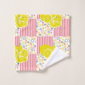 Gelbe Zitronen rosa Streifen Kreise Punkte Badhandtuch Set (Waschlappen)