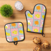 Gelbe Zitronen Rosa Streifen Ofenhandschuh & Topflappen-Set (Oben Unten)