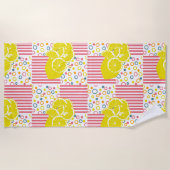 Gelbe Zitronen Rosa Streifen Pastellkreise Strandtuch (Vorderseite)