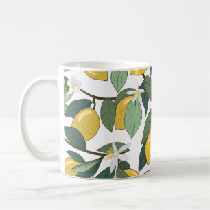 Gelbe Zitronen, tropischer nahtloser Druck. Kaffeetasse