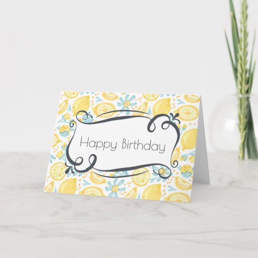 Gelbe Zitronen-u. blaue Blumen-alles Gute zum Karte (Vorderseite)