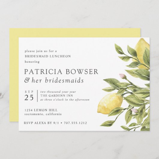 Gelbe Zitronen und Blätter Bridesmaid Luncheon Einladung (Vorne/Hinten)