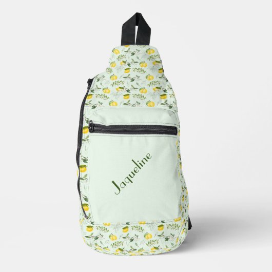 Gelbe Zitronen und Blätter im grünen Hintergrund Crossbody Bag (Vorderseite)