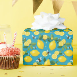 Gelbe Zitronen und lebhafte Bienen Türkis blau Geschenkpapier