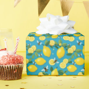 Gelbe Zitronen und lebhafte Bienen Türkis blau Geschenkpapier