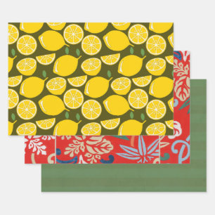 Gelbe Zitronen und Olivgrün-Muster: Moderne Zitrus Geschenkpapier Set