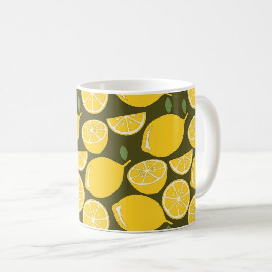 Gelbe Zitronen und Olivgrün-Muster: Moderne Zitrus Kaffeetasse (VorderseiteRechts)