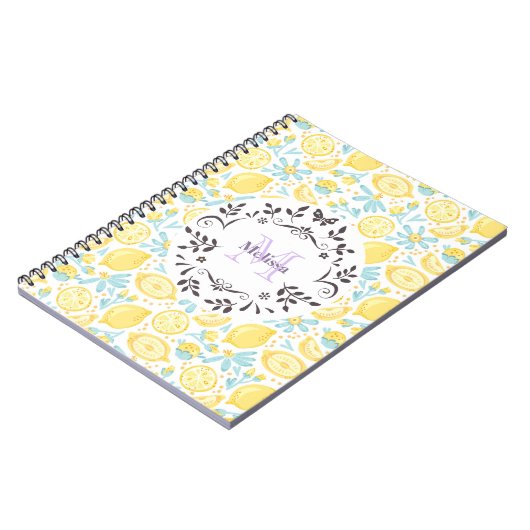 Gelbe Zitronen und pastellblaue Blumen Monogramm N Notizblock (Linke Seite)