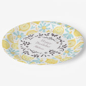 Gelbe Zitronen und pastellblaue Blüten Gerne zum G Pappteller (Schrägansicht)