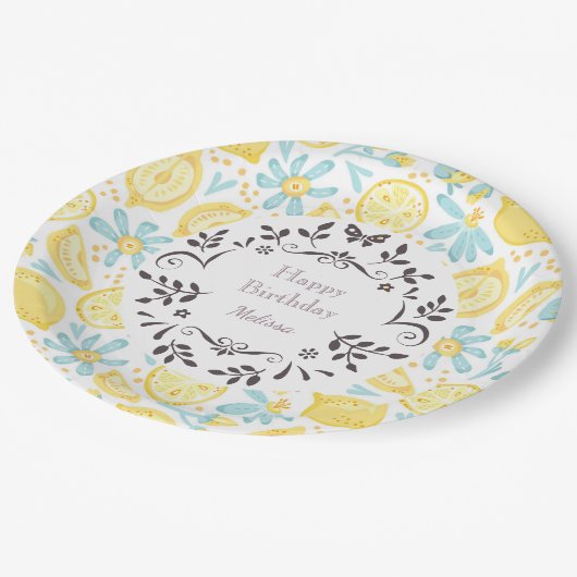 Gelbe Zitronen und pastellblaue Blüten Gerne zum G Pappteller (Schrägansicht)