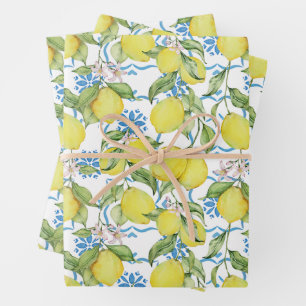 Gelbe Zitronen und Zitronen-Blume Geschenkpapier Set