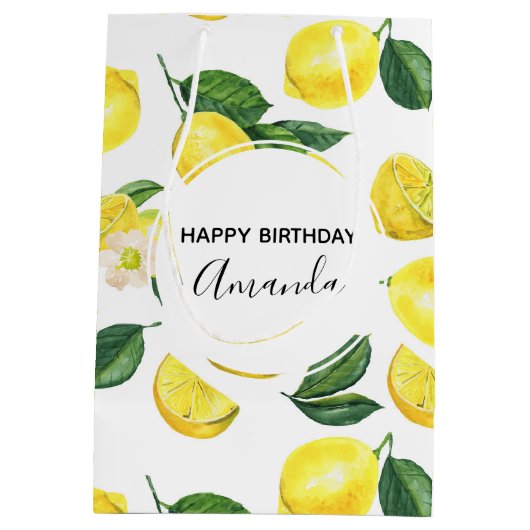 Gelbe Zitronen Wasserfarben Fruchtmuster Geburtsta Mittlere Geschenktüte (Rückseite)