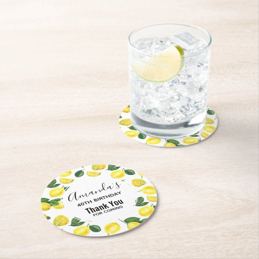 Gelbe Zitronen Wasserfarben Fruchtmuster Geburtsta Runder Pappuntersetzer (Vor Ort)