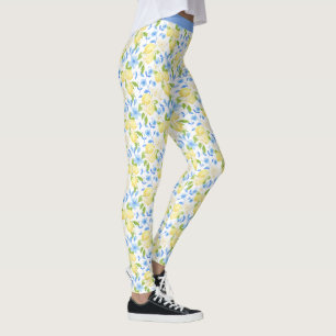 Gelbe Zitronenfrucht Blaue Blumengestaltung Leggings