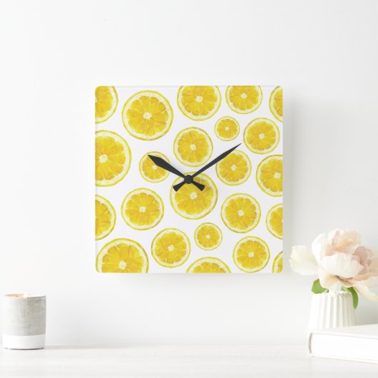 Gelbe Zitronenscheiben frische Früchte Quadratische Wanduhr (Zuhause)