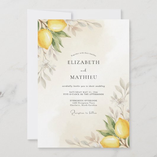 Gelbe Zitrusblättrige Hochzeit Einladung (Vorderseite)